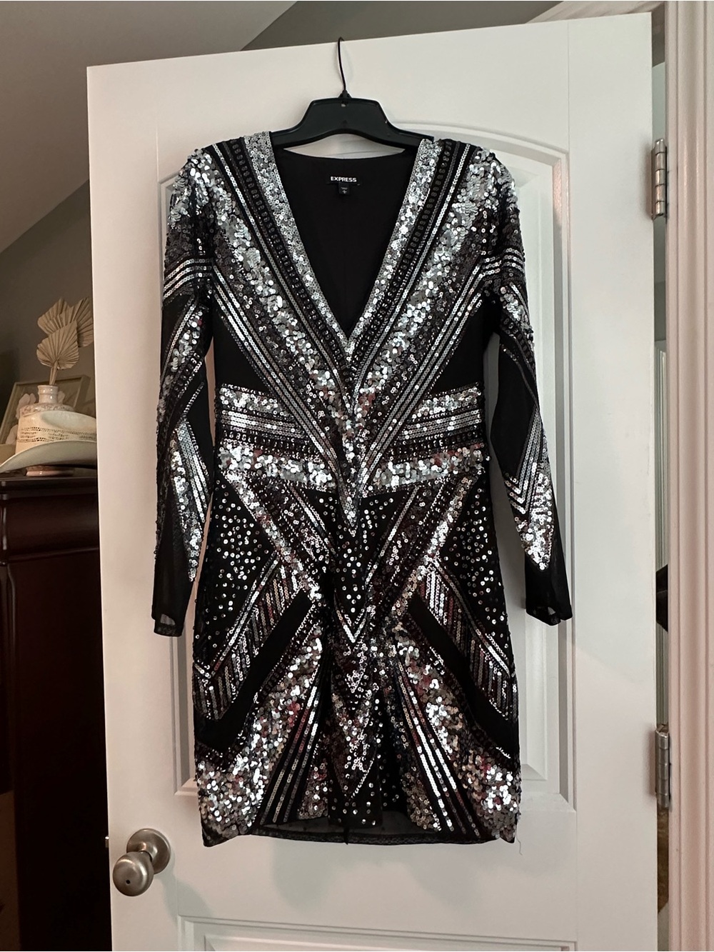 Express Black and Silver Sequin Long Sleeve V-Neck Dress
